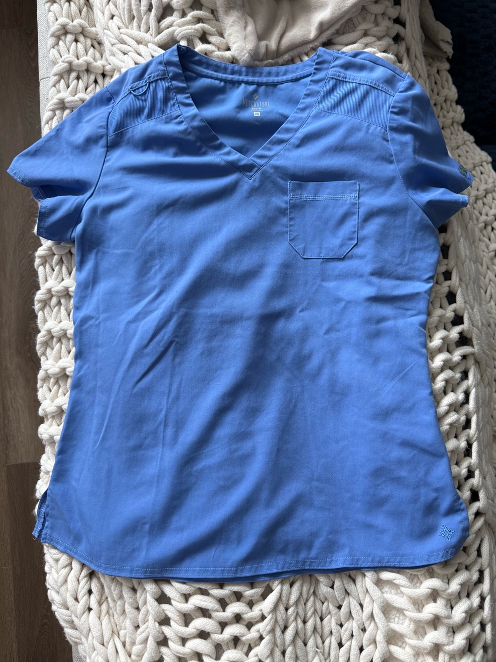 Med Couture Blue V-Neck Short Sleeve Top with Chest Pocket